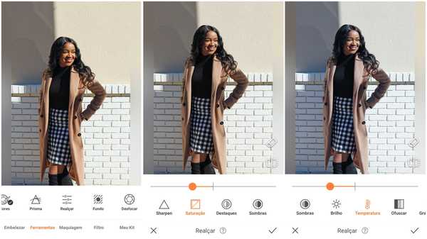 Foto de uma garota negra usando um casaco bege e saia xadrez sendo editada no app AirBrush