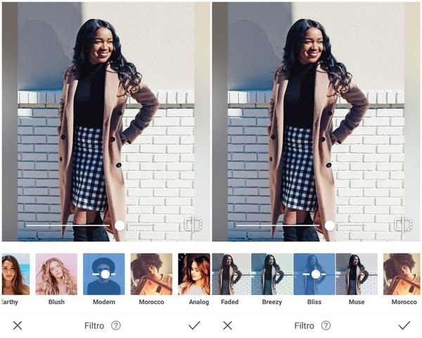 Foto de uma garota negra usando um blazer bege e saia xadrez sendo editada no app AirBrush