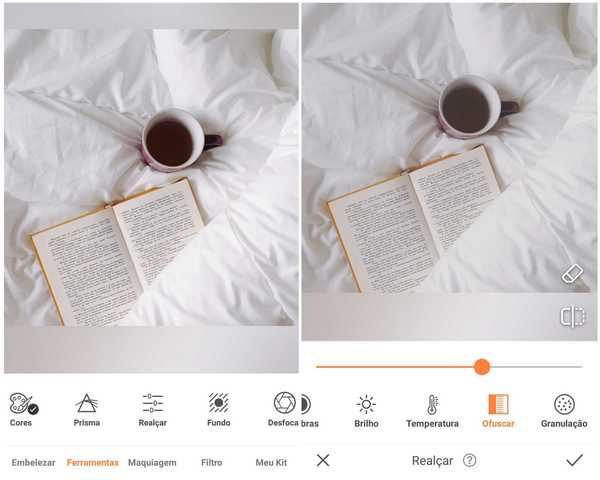 Foto de um livro aberto em cima de lençóis brancos ao lado de uma xícara de café sendo editada no app AirBrush