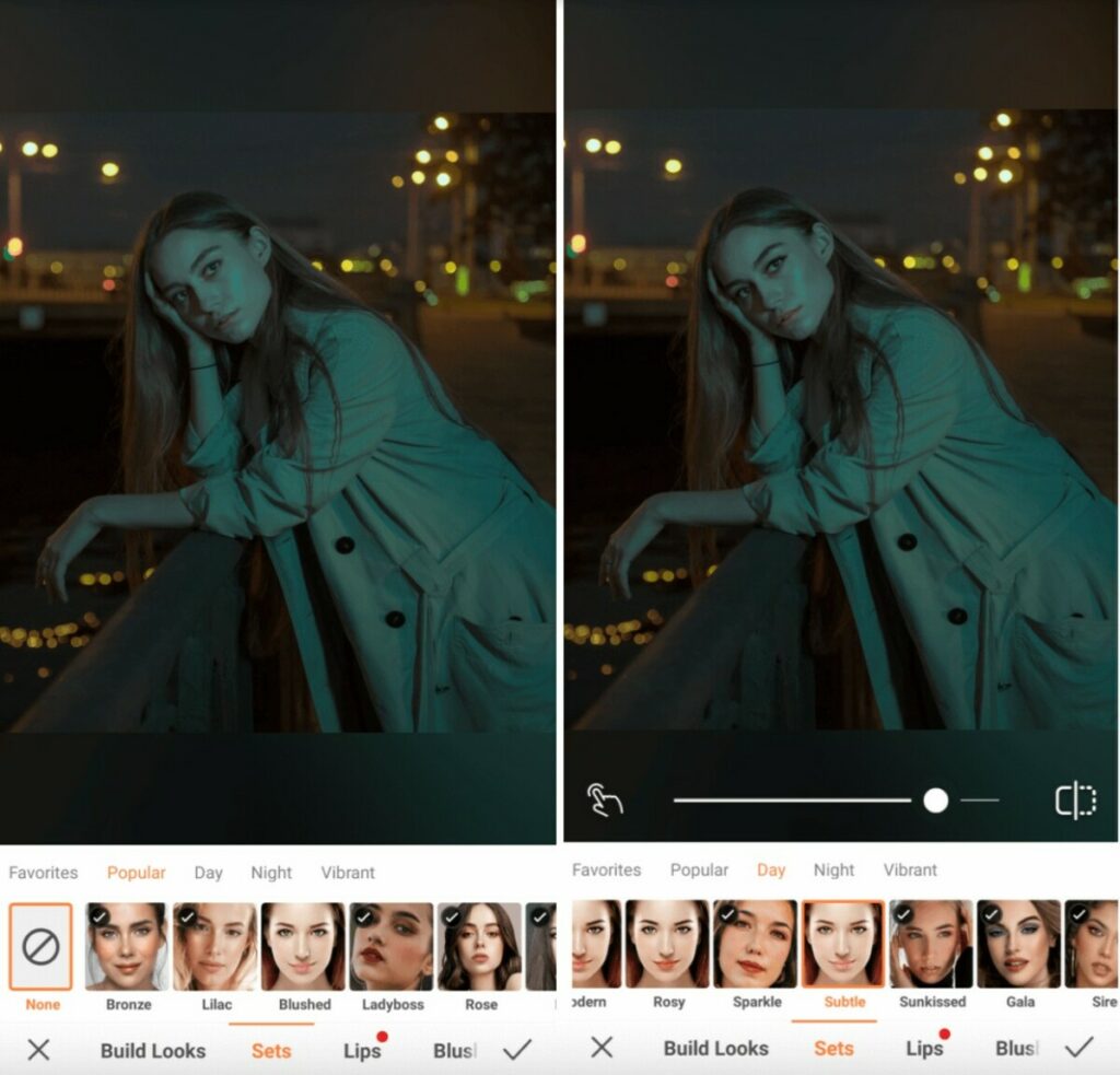 Nighttime photo edit using makeup filter