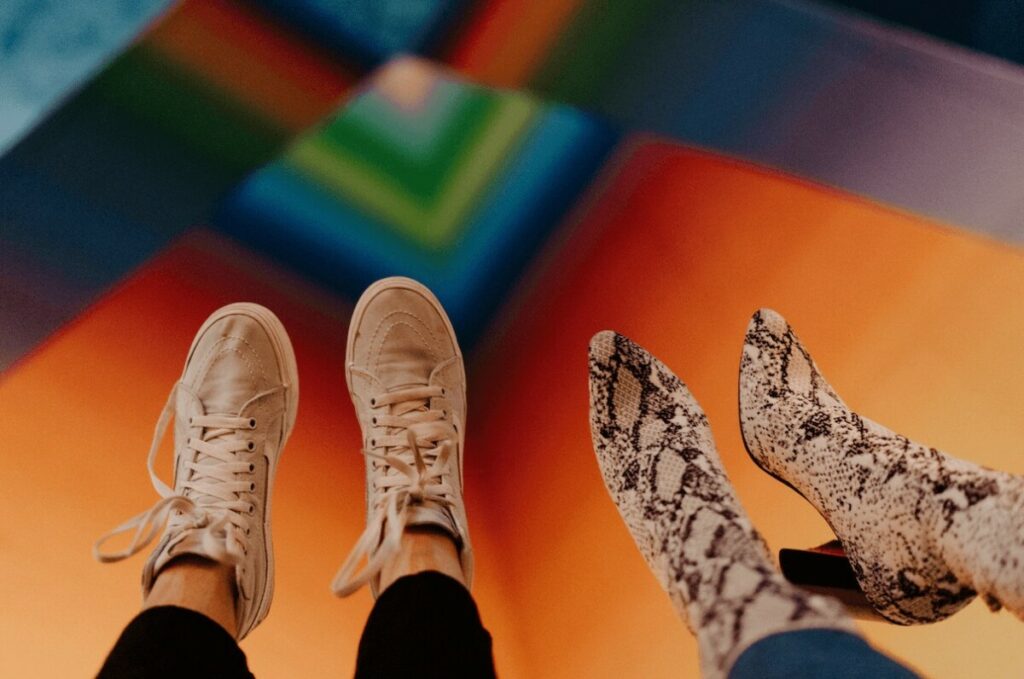 funky shoes in front of a colorful background