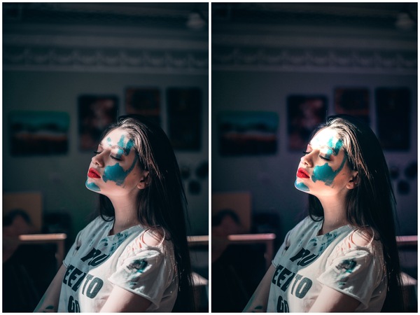 Montagem de duas fotos com uma mulher com tinta no rosto