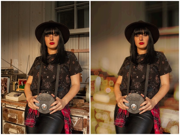 Montagem de duas fotos com uma mulher posando para a foto com chapéu preto