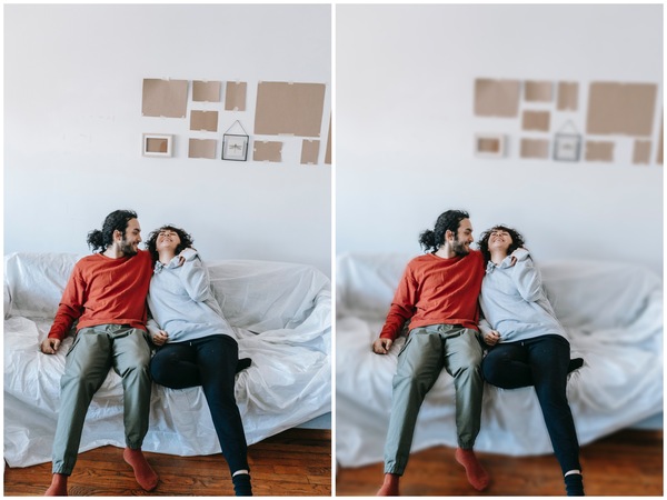 Montagem de duas fotos de um casal sentados e se abraçando