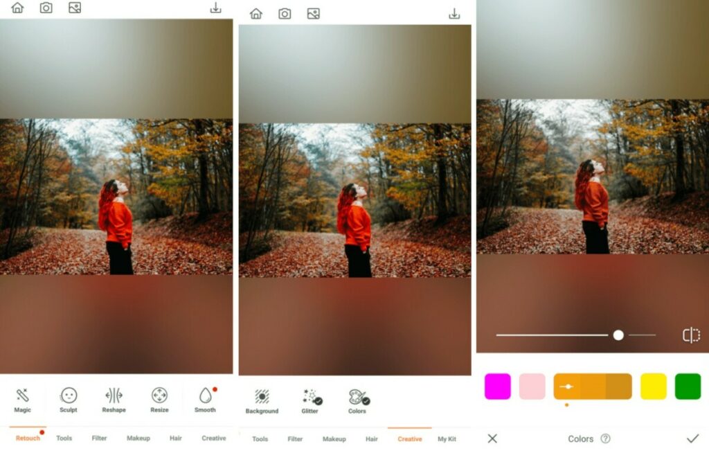 woman in red sweater standing amongst fall leaves