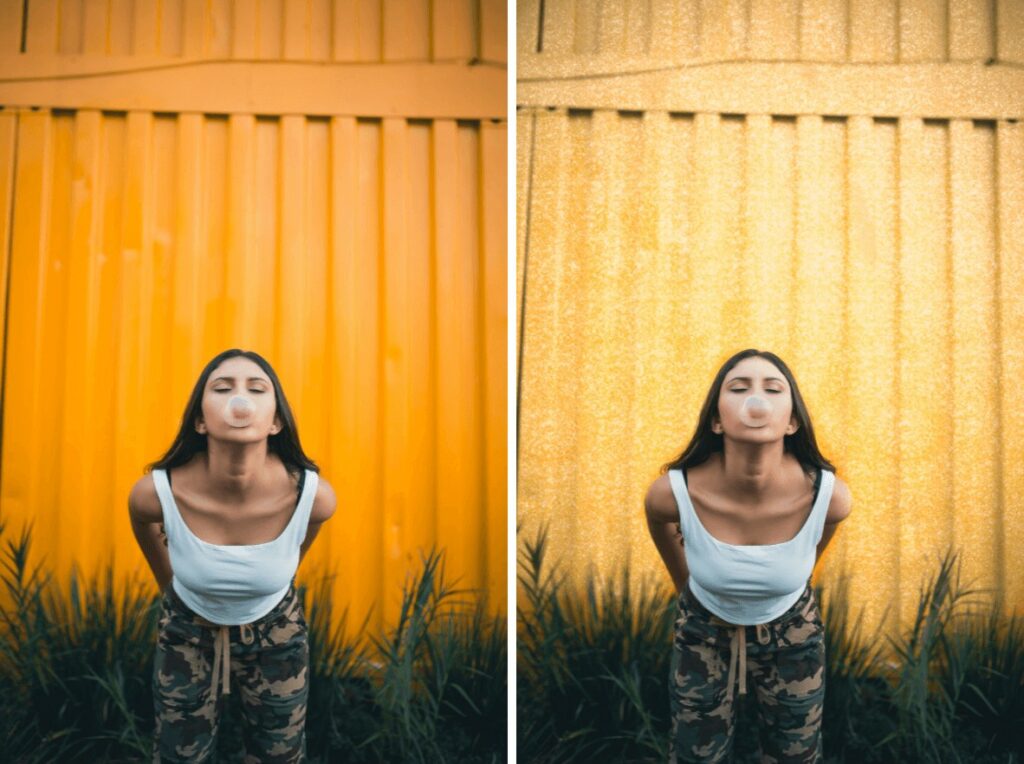 woman wearing camo pants standing in front of a sparkling yellow wall