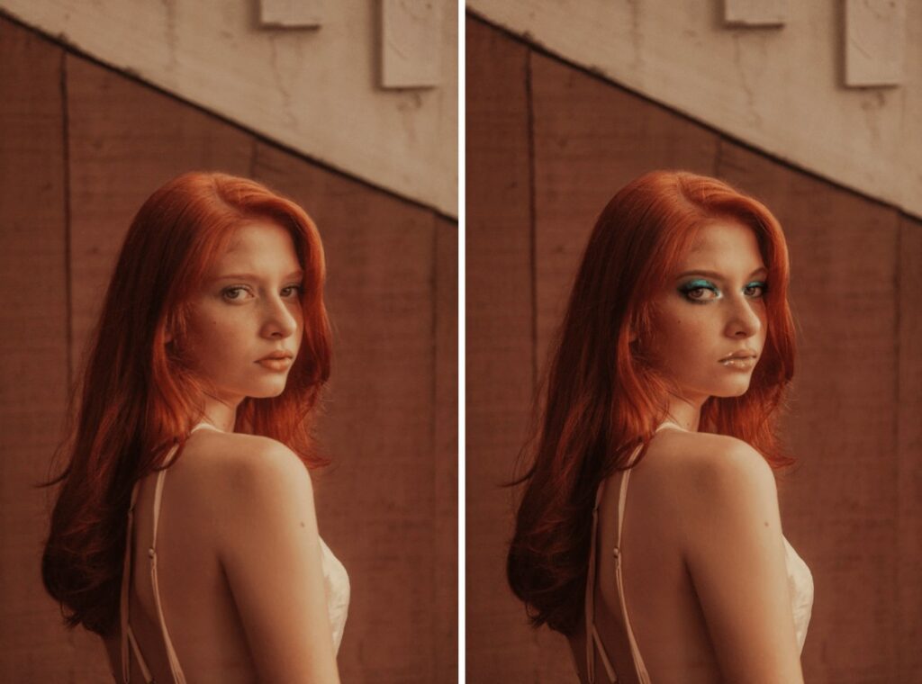 Halloween edit of woman with red hair and glittering green eye makeup