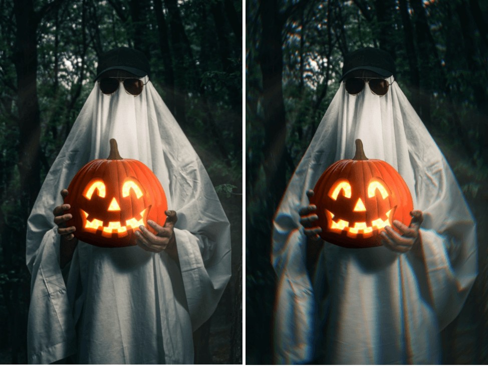 Halloween selfie featuring ghost holding a pumpkin