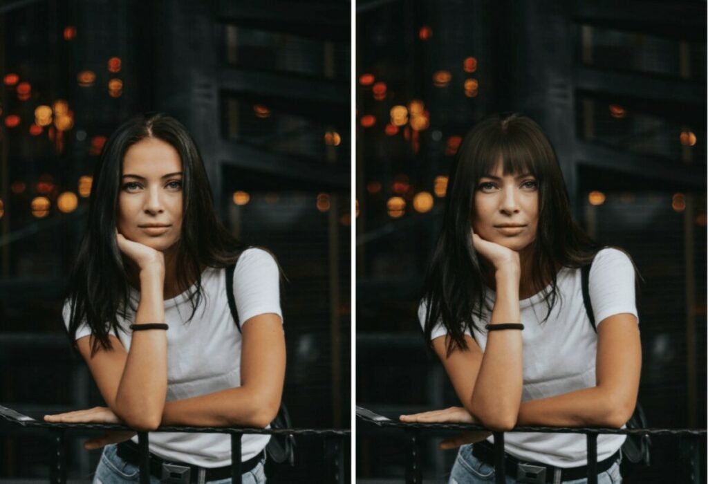 woman wearing a white t-shirt with black hair and bangs