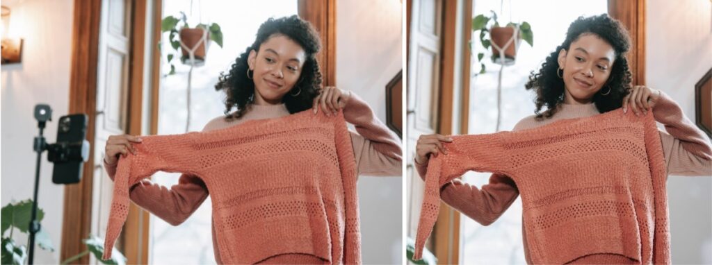 woman holding coral knit