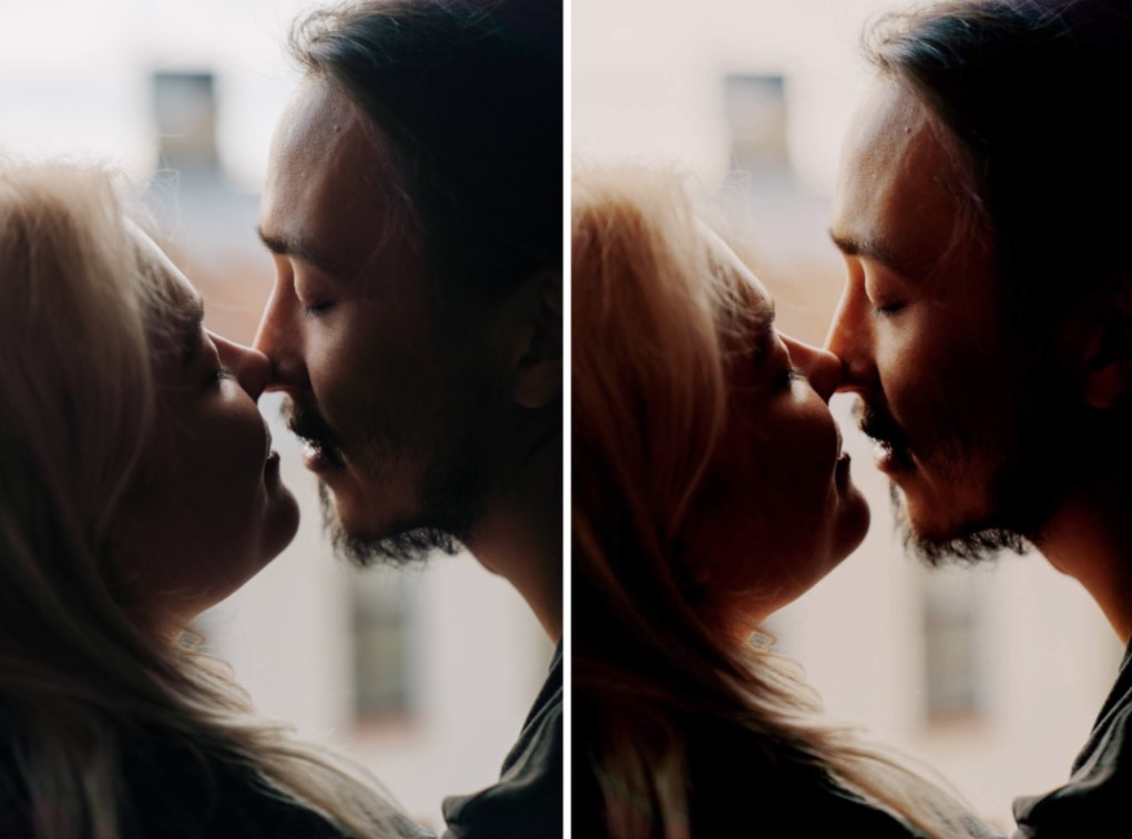 bearded man and blonde woman kissing