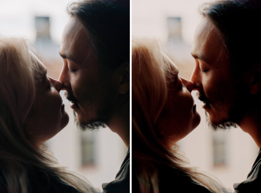 Portrait of young couple kissing each other posing to selfie Stock Photo -  Alamy