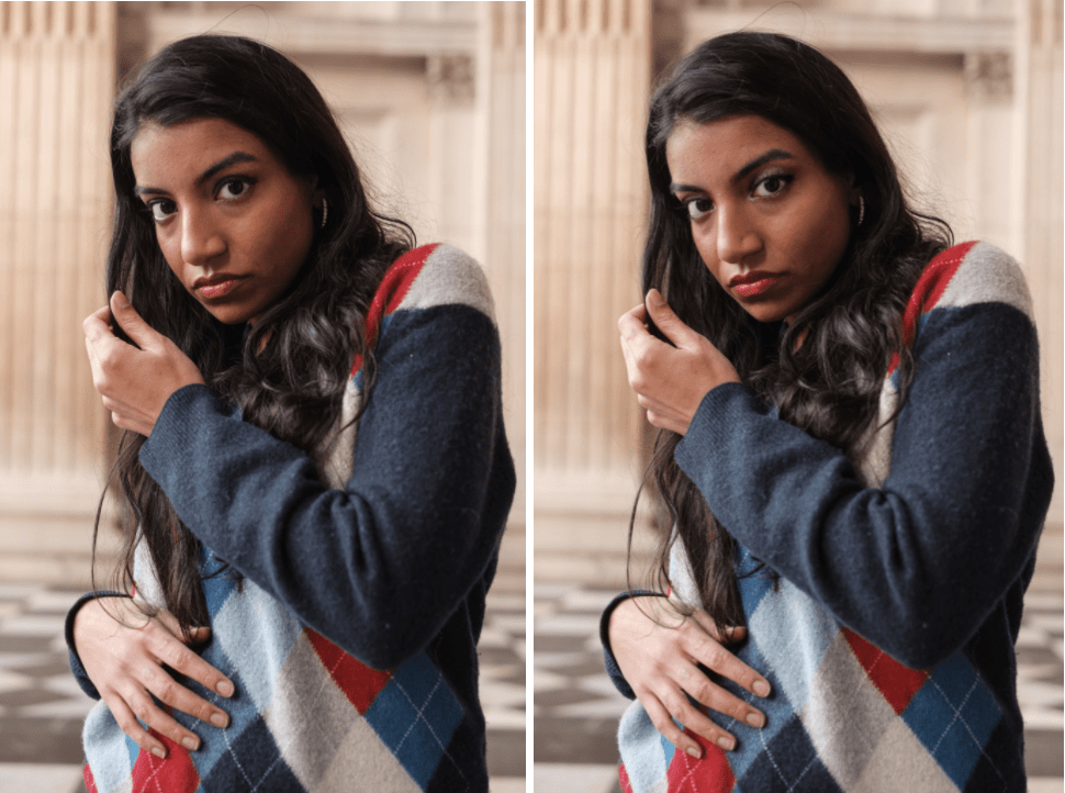 portrait shot of an Indian woman in a multi-colored sweater 