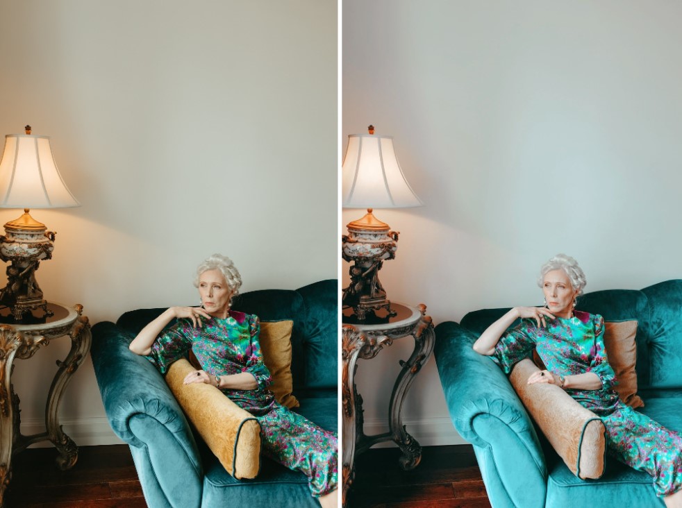 woman on blue couch