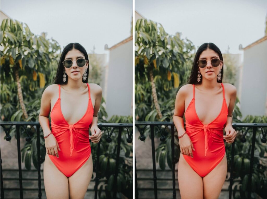 woman in coral swimsuit