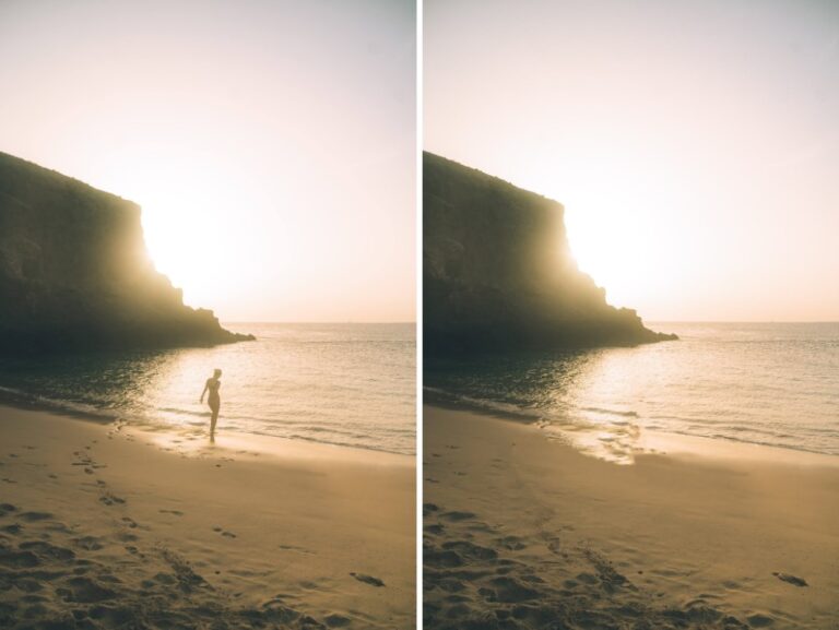Eraser tool used to erase the silhouette of a woman in a beach sunset photo