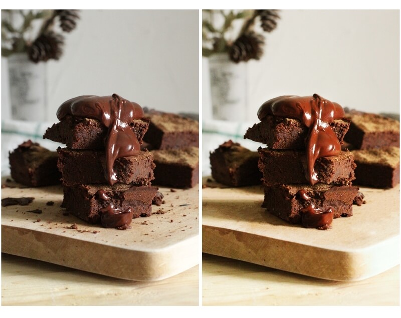 Antes e depois da edição da foto de brownie de chocolate, com calda de chocolate por cima