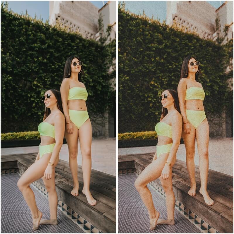 Antes e depois de uma foto de duas mulheres de biquinis depois de uma edição do AirBrush