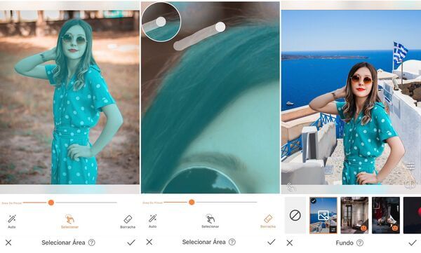 Edição da foto de uma mulher de vestido azul sendo feita com o app do AirBrush