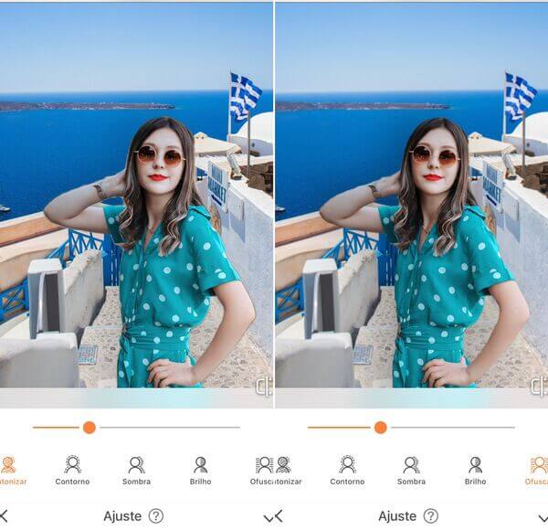 Edição da foto de uma mulher de vestido azul sendo feita com o app do AirBrush