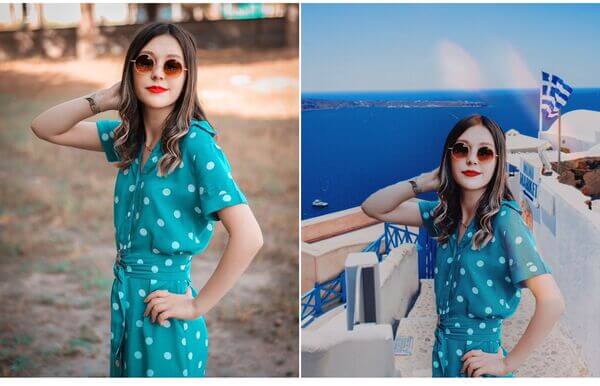 Antes e depois da foto de uma mulher de vestido azul sendo feita com o app do AirBrush