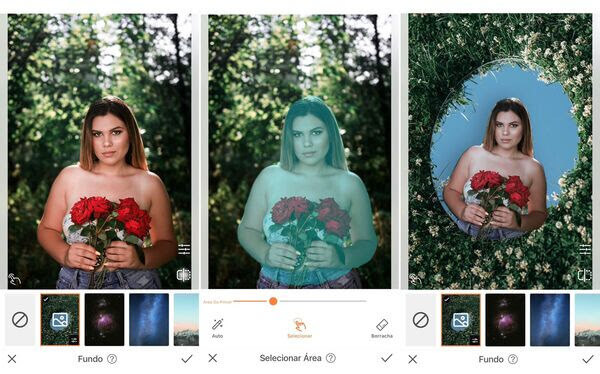 Edição da foto de uma mulher com rosas em frente ao busto sendo feita pelo app do AirBrush