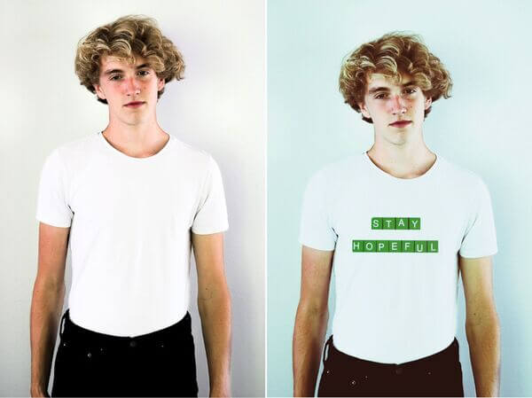 Antes e depois da foto de um homem com camiseta branca sendo feita pelo app do AirBrush