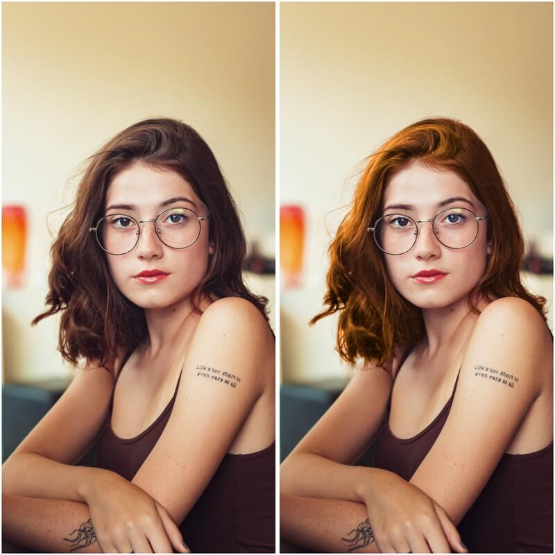 Antes e depois de uma edição feita com o AirBrush para mudar a cor do cabelo